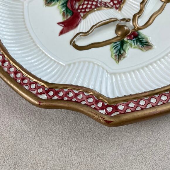 Fitz and Floyd Holiday Bells Canape Snack Cookie Plate Christmas 8 3/4" Gold Red - Picture 8 of 11